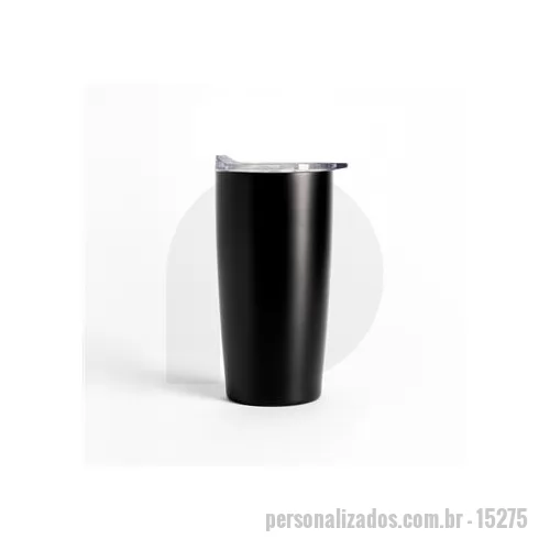 Copo térmico personalizado - Copo térmico feito em aço inox com capacidade de até 590 ml. Apresenta construção em parede dupla e tampa de plástico com vedação a vácuo e bocal com trava de segurança, ajudando a manter a temperatura de líquidos conservada por mais tempo. Além diss
