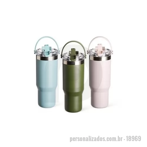 Copo térmico personalizado - Copo térmico em aço inox com capacidade de até 900 ml. Apresenta construção em parede dupla, tampa rosqueável plástica com vedação a vácuo e tampa adicional com proteção para o bocal, o que permite a conservação da temperatura de líquidos por mais te