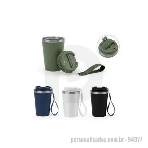 Copo térmico personalizado - Copo de viagem em PP e aço inox 90% reciclado, com parede dupla e acabamento em mate. A tampa em PP é à prova vazamento e incorpora uma pega, em PU e PET, que facilita o seu transporte. Capacidade até 460 ml. Fornecido em caixa presente de papel kraf