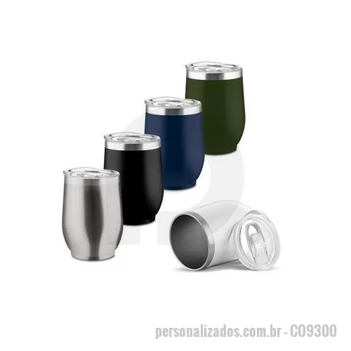 Copo térmico personalizado - Copo térmico em inox com capacidade para até 350ml. Possui estrutura de parede dupla que ajuda a manter a temperatura de líquidos por mais tempo. Conta ainda com tampa plástica com anel de vedação e abertura para o bocal. Altura : 11,8 cm Largura : 8