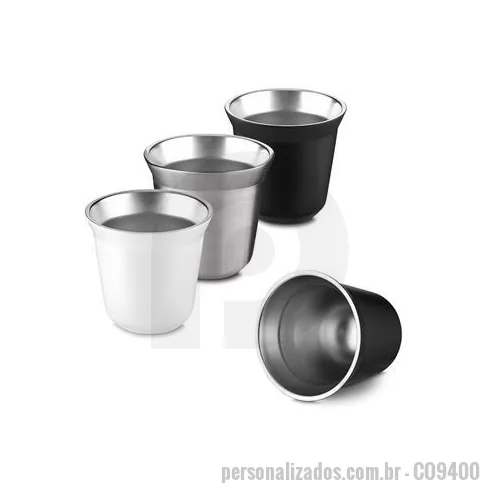 Copo térmico personalizado - Copo em inox com capacidade máxima de 80ml. Possui estrutura de parede dupla que permite manter a temperatura de líquidos por mais tempo. Altura : 6,2 cm Largura : 6,8 cm Circunferência : 19 cm Peso aproximado g : 76