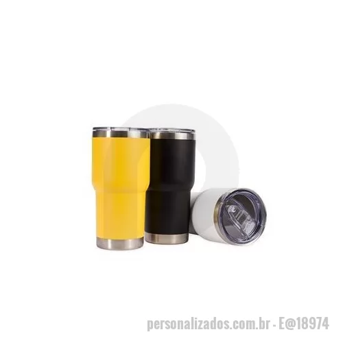 Copo térmico personalizado - Copo térmico em aço inox com capacidade máxima de 500 ml. Destaca-se pela construção em parede dupla e tampa plástica com vedação a vácuo e bocal com trava de segurança, que ajudam na conservação da temperatura de líquidos por mais tempo. Sua pintura