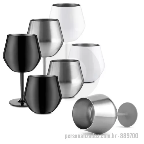 Copo térmico personalizado - 	Copo/taça térmico de 350 ml em inox (interno 304 / externo 201), haste removível em plástico PP, discos de borracha para estabilidade.