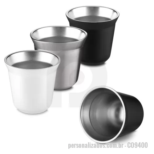 Copo térmico personalizado - Copo térmico próprio para café espresso, com capacidade de 90ml, porém perfeito para um café espresso de 40ml. Parede dupla com interior em inox 304 e exterior em inox 201.