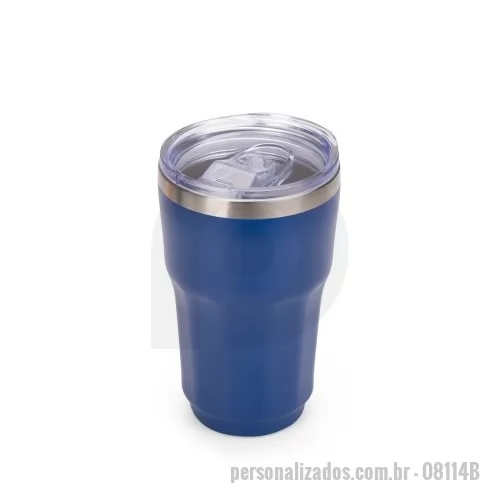 Copo térmico personalizado - Copo térmico com capacidade máxima de 300ml. Possui estrutura de parede dupla com interior em inox 304 e exterior em inox 201 e pintura eletrostática. Conta com tampa de pressão em plástico com protetor deslizante para o bocal e anel de vedação emborrachado.  Altura: 13,4 cm Largura: 8,3 cm Medidas aproximadas para gravação: (CxL): 3,5 cm x 6 cm Medidas Embalagem (A X L X P): 28 cm x 15 cm x 10,5 cm
