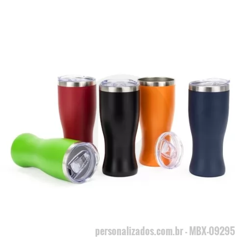 Copo térmico personalizado - Copo térmico com capacidade máxima de 480ml. Possui estrutura de parede dupla em formato tipo tulipa, com interior em inox 304 e exterior em inox 201 com pintura eletrostática. Conta com tampa de pressão em plástico poliestireno (PS) com protetor deslizante para o bocal e anel de vedação em silicone.  Altura :  18,3 cm  Largura :  8 cm  Circunferência :  25 cm