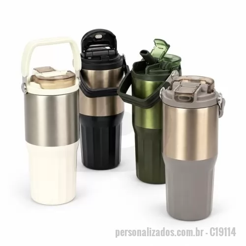 Copo térmico personalizado - Copo térmico com capacidade máxima de 700ml. Possui estrutura de parede dupla com formato facetado na parte inferior, interior em inox 304 e exterior em inox 201 com pintura de acabamento metalizado. Conta com tampa rosqueável em plástico polipropileno (PP), anel de vedação em silicone, alça em inox com revestimento em PP, bocal com trava de segurança e bico flip com canudo interno removível. Gravação da logomarca a laser já incluso.