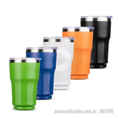Copo térmico personalizado - Copo térmico com capacidade máxima de 300ml. Possui estrutura de parede dupla com interior em inox 304 e exterior em inox 201 e pintura eletrostática. Conta com tampa de pressão em plástico com protetor deslizante para o bocal e anel de vedação emborrachado.