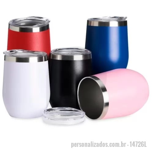 Copo térmico personalizado - Copo térmico de capacidade de 320ml, feito em inox, com parede dupla e tampa plástica (livre de BPA) com bocal para um consumo mais rápido e prático.