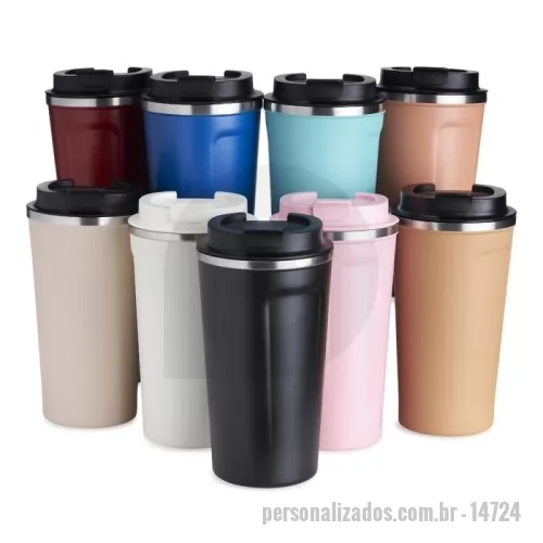 Copo térmico personalizado - Copo térmico personalizado em inox com capacidade de 500 ml, parede dupla e tampa rosqueável com abertura para beber. Possui base com borracha antiderrapante, oferecendo mais estabilidade e praticidade no uso diário. Ideal para brindes corporativos, eventos, kits empresariais, ações promocionais, viagens, escritórios, clientes e colaboradores. A ampla área externa permite personalização com logotipo ou identidade visual da empresa, tornando o copo uma excelente opção de brinde útil e de alto valor percebido. Medidas aproximadas: 8,9 x 17,2 cm. Circunferência: 28,2 cm. Área aproximada de gravação: 12,5 x 6,3 cm. Peso aproximado: 294 g.