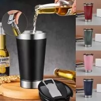 Copo térmico de inox com acabamento liso e capacidade 500ml, material livre de BPA. Contém tampa com abridor.