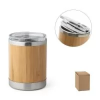 Copo de bambu e aço inox de parede dupla isolada a ar e tampa AS com fecho deslizante. Capacidade até 350 ml. Food grade. Fornecido em caixa presente de papel craft.