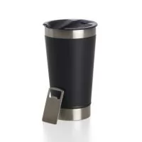 Copo térmico de inox com acabamento liso e capacidade 500ml, material livre de BPA. Contém tampa com abridor.