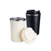 Copo térmico de inox 350ml com parede dupla, parte inferior com borracha antideslizante e tampa rosqueável com abertura de bocal