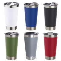 Copo térmico de inox com acabamento liso e capacidade 500ml, material livre de BPA. Contém tampa com abridor.