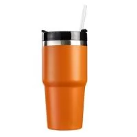 Copo térmico com capacidade para até 600ml. Possui estrutura de parede dupla com interior em inox 304 e exterior em inox 201 e pintura em spray, além de tampa rosqueável em polipropileno (PP), com abertura por mecanismo giratório e entrada para canudo. Acompanha canudo em PP.