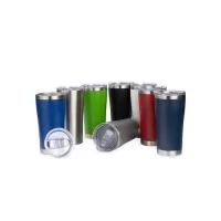 Copo térmico em aço inox 304, com capacidade máxima de 550 ml. Apresenta construção em parede dupla e tampa plástica de pressão, com sistema não rosqueável, proporcionando fechamento eficiente, dificultando vazamentos. Conta também com anel de vedaçã