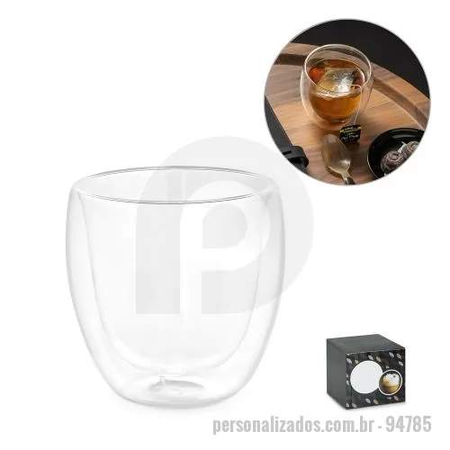 Copo vidro personalizado - Copo de vidro isotérmico com parede dupla isolada a ar e capacidade até 220 ml. Food grade. Fornecido em caixa de oferta personalizável. 80 x 86 mm