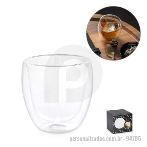 Copo vidro personalizado - Copo de vidro isotérmico com parede dupla isolada a ar e capacidade até 220 mL. Food grade. Fornecido em caixa de oferta personalizável.  80 x 86 mm