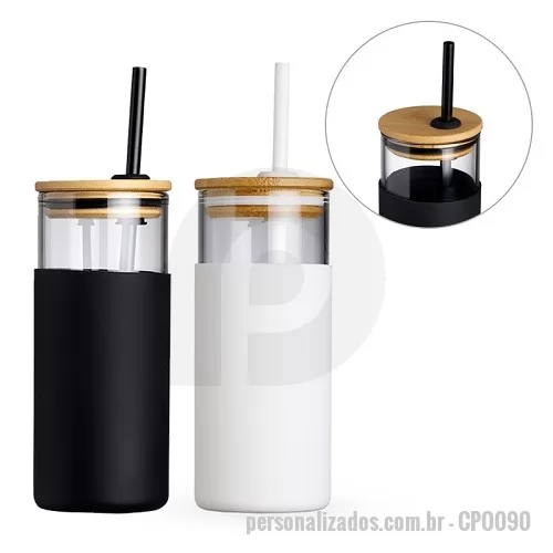 Copo vidro personalizado - Copo Vidro com Tampa de Bambu e Canudo de Silicone