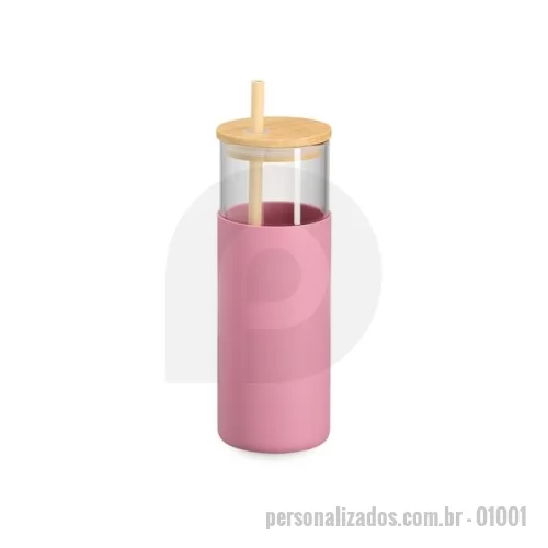Copo vidro personalizado - Copo de vidro borossilicato com capacidade de 500ml. Inclui canudo e tampa de bambu com abertura para canudo, além de uma luva de silicone para melhor aderência. Cores Dispon[iveis: Azul, Bege, Branco, Cinza, Preto, Rosa e Verde.