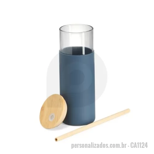 Copo vidro personalizado -  Copo de vidro borossilicato com capacidade de 500ml. Inclui canudo e tampa de bambu com abertura para canudo, além de uma luva de silicone para melhor aderência.
