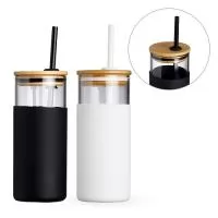 Copo Vidro com Tampa de Bambu e Canudo de Silicone