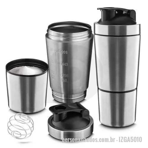 Coqueteleira personalizada - Garrafa coqueteleira em aço inox para proteína com capacidade da garrafa de até 750ml e copo com capacidade de 200ml, acompanha mola para mistura e medidor gavado na parede da garrafa.