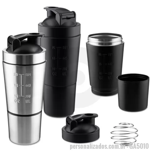 Coqueteleira personalizada - Garrafa coqueteleira em aço inox para proteína com capacidade da garrafa de até 750ml e copo com capacidade de 200ml, acompanha mola para mistura e medidor gravado na parede da garrafa. Dimensão Produto: 24xø9cm (AxøD) Peso do Produto: 0,272kg Embalagem: Caixa Branca