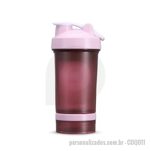 Coqueteleira personalizada - Coqueteleira com capacidade de 500 ml produzida em polipropileno livre de BPA, acompanhada de dois compartimentos extras de 150 ml e 100 ml que permitem armazenar suplementos ou porções adicionais de forma prática e organizada. O copo possui detalhes