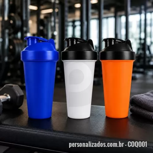 Coqueteleira personalizada - Coqueteleira produzida em polipropileno, disponível em diversas combinações de cores, com corpo resistente e tampa com bocal para facilitar o consumo. Seu design leve e funcional é ideal para preparar e transportar shakes, suplementos, vitaminas e ou