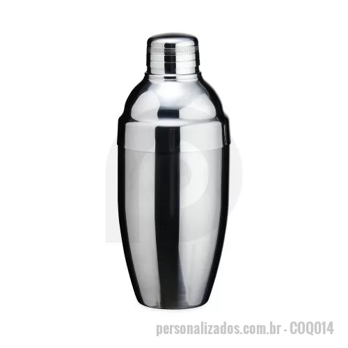 Coqueteleira personalizada - Coqueteleira produzida em inox com capacidade de 600 ml, apresentando corpo resistente e acabamento que valoriza o visual do produto, ideal para o preparo de diferentes bebidas com praticidade. Conta com tampa de pressão equipada com peneira interna 