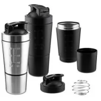 Garrafa coqueteleira em aço inox para proteína com capacidade da garrafa de até 750ml e copo com capacidade de 200ml, acompanha mola para mistura e medidor gravado na parede da garrafa. Dimensão Produto: 24xø9cm (AxøD) Peso do Produto: 0,272kg Embalagem: Caixa Branca
