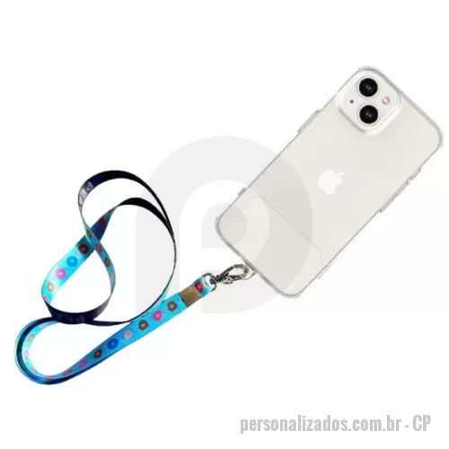 Cordão para celular personalizado - Cordão para celular confeccionado em poliéster personalizado com sublimação, com 2 reguladores de pvc, mosquete de metal e porta celular em pvc.