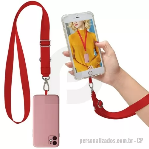 Cordão para celular personalizado - Cordão para celular confeccionado em poliéster personalizado com sublimação, com 2 reguladores de pvc, mosquete de metal e porta celular em pvc.