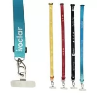 Cordão para celular grande transversal, comprimento de 160 cm, largura 2 cm, regulador e passador de plástico, placa de plástico para celular e acabamento com mosquetão de metal de 2,2 cm.