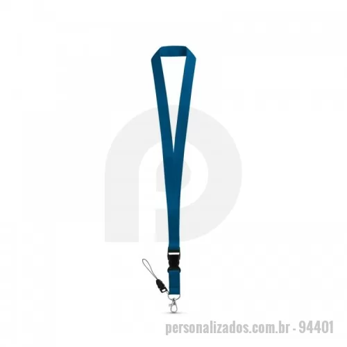 Cordão para crachá personalizado - Cordão de pescoço em poliéster, com mosquetão em metal, fivela removível e fita para celular. 20 x 530 mm