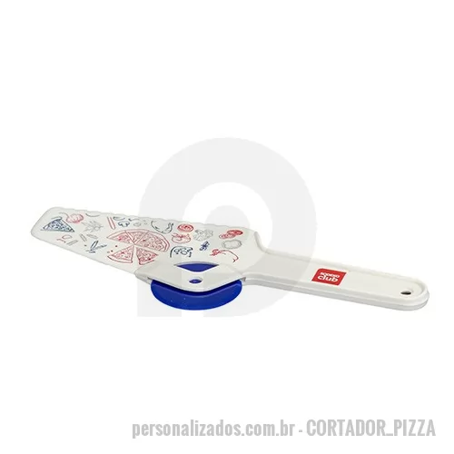 Cortador de pizza personalizado - Espátula cortadora de pizza personalizada produzida em plástico resistente com lâmina circular funcional. Além de divulgar sua marca,  proporciona facilidade no corte e manuseio.