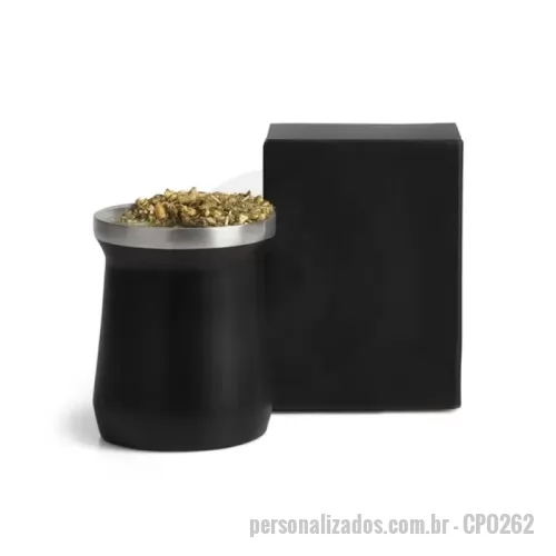 Cuia para chimarrão personalizada - Cuia Térmica Em Aço Inox - Preto - 300Ml para Brindes Promocionais