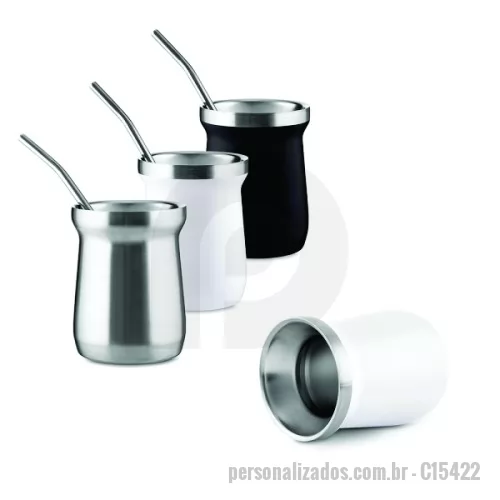 Cuia para chimarrão personalizada - Cuia térmica em inox com capacidade para até 250ml. Possui estrutura de parede dupla, que permite conservar a temperatura de líquidos por mais tempo sem transferir a sensação de frio ou calor para a parede externa. Acompanha canudo bomba em inox. Gravação da logomarca a laser já incluso.