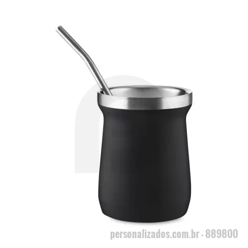 Cuia para chimarrão personalizada - Copo/Cuia térmico de 250 ml, produzido em inox interno 304 e externo 201, acompanhado de Mini Bomba (18 cm) em inox.