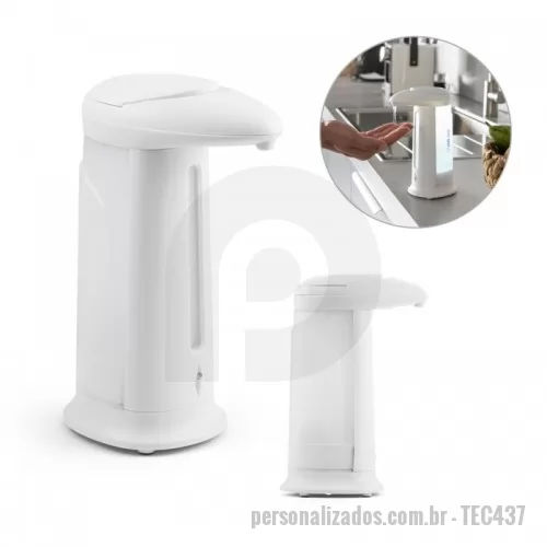 Dispenser personalizado - Dispenser automático de sabão ou desinfectante em ABS e PP com sensor infravermelho de movimento com LED branco no interior do recipiente e capacidade de 330 ml (sabão ou desinfectante não incluídos). Incluso 4 pilhas AAA. Fornecido em caixa. 