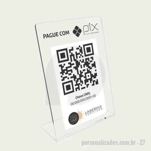 Display de balcão personalizado - O Display de Acrílico com suporte de mesa é ideal para facilitar o uso do Pix em seu estabelecimento. Este suporte prático permite que você exiba um QR code do Pix de maneira visível e acessível aos clientes, agilizando o processo de pagamento.  Disponível em diversas cores, o display de acrílico agrega estilo e modernidade ao ambiente de negócio. Confeccionado com material de alta qualidade, o suporte é robusto e de longa durabilidade.