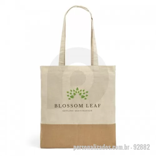 Ecobag personalizado - Sacola. 100% algodão: 160 g/m². Detalhe em juta. Alças de 65 cm. 375 x 415 mm