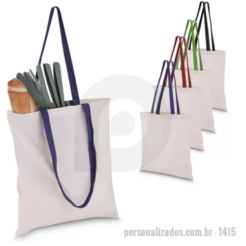 Ecobag personalizado - Sacola em algodão cru 140g/m² com alça colorida em algodão liso. Alça com altura de 29 cm, ideal para transporte.