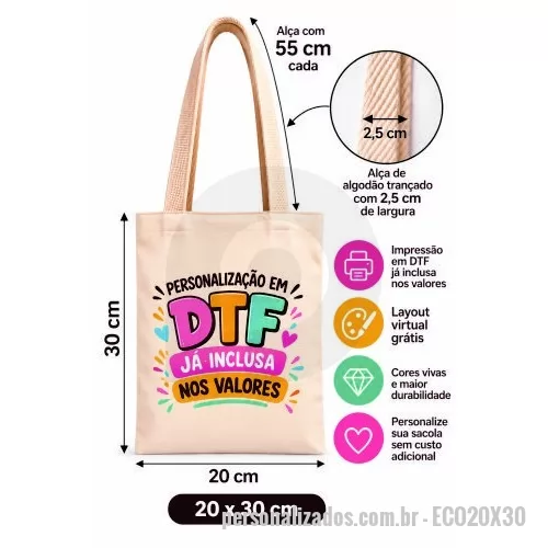 Ecobag personalizado - Ecobag Ecologica em Algodão Cru 160gr - Tamanho 20L x 30A