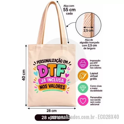 Ecobag personalizado - Ecobag Ecologica em Algodão Cru 160gr - Tamanho 28L x 40A