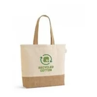 Sacola em 70% algodão reciclado e 30% poliéster reciclado (220 g/m²) com base em juta. Alças em webbing com 65 cm. 460 x 380 x 100 mm