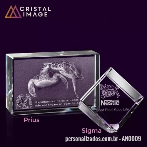 Enfeite de mesa personalizado - Enfeites para mesa em Cristal óptico diversos formatos, tamanhos e modelos com gravação interna em 2D ou 3D