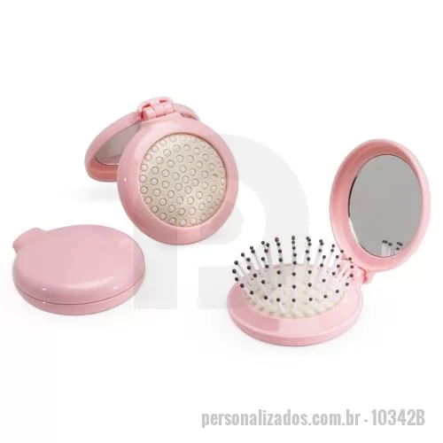Escova de cabelo com espelho personalizada - Escova com espelho em material plástico com acabamento leitoso.
